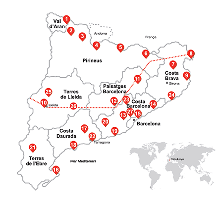Map of Catalonia with destinations and affordable brands